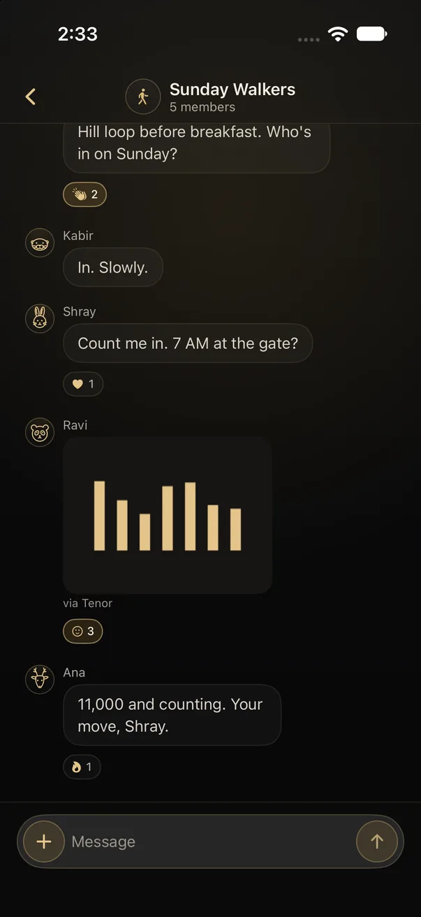 A Luxfit group chat with messages, reactions and a GIF