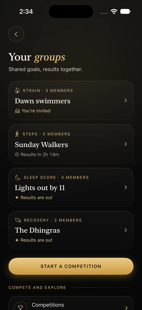 Your groups in Luxfit: competitions on strain, steps, sleep score and recovery